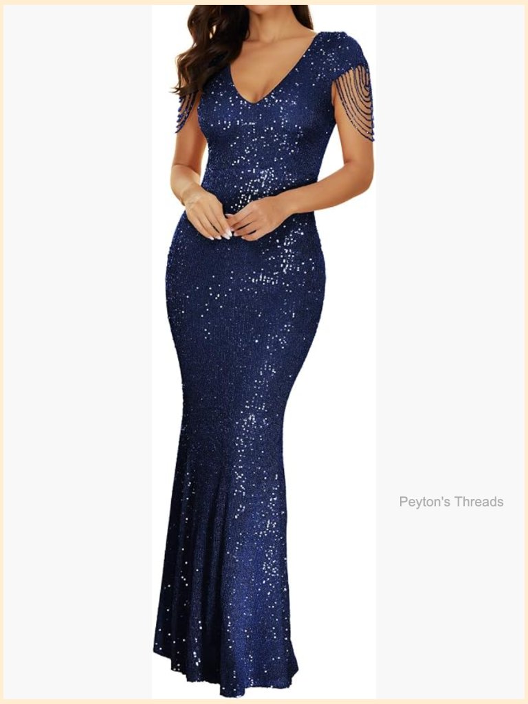 Vintage 1920s Sequin Mermaid Maxi Evening Gown With Tassel Sleeves